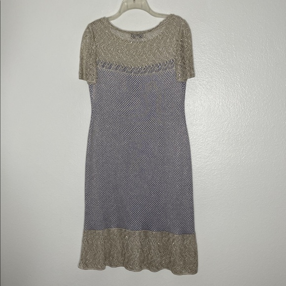 St John Evening Knit Lilac Mesh Short Sleeve Crystals Detail Knee-Length Dress 8 - Picture 6 of 7